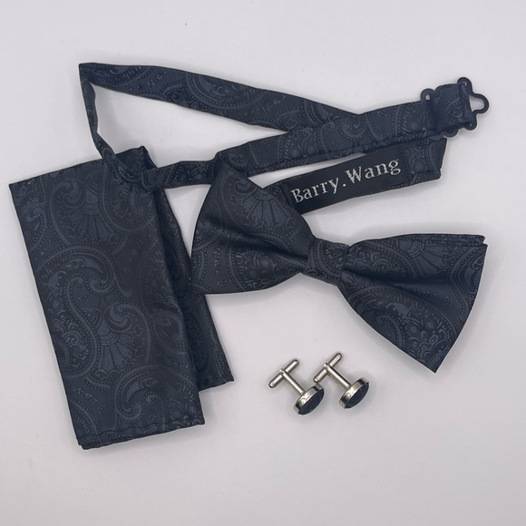 Mens Paisley Floral Bowtie Matching Pocket Square Hanky Cufflinks Set Dark Blue - Picture 5 of 6